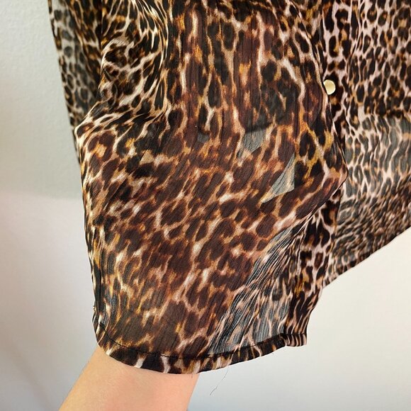 Tahari Womens Plus 1X Leopard Ruffle Button Up Blouse Sheer Shirt Top - Picture 7 of 10